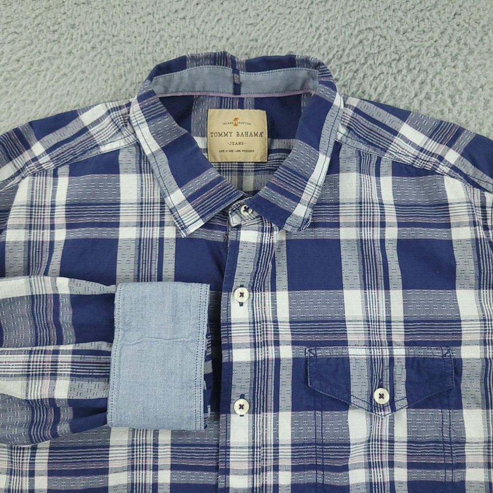 Tommy Bahama Jeans Shirt Mens Large Blue White Plaid Long Sleeve Button Up