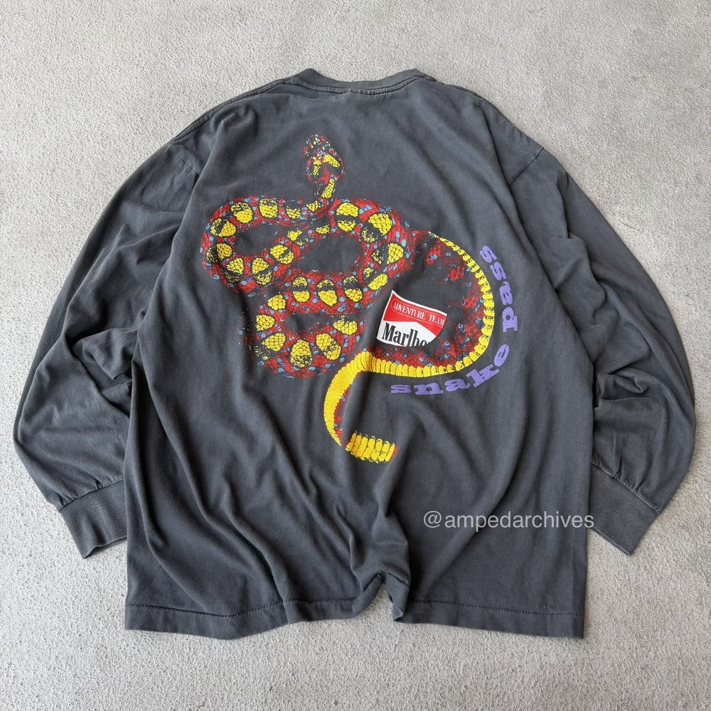 Vintage REPRINT Marlboro Snake Pass Tee Shirt Western Longsleeve XL Black Pocket