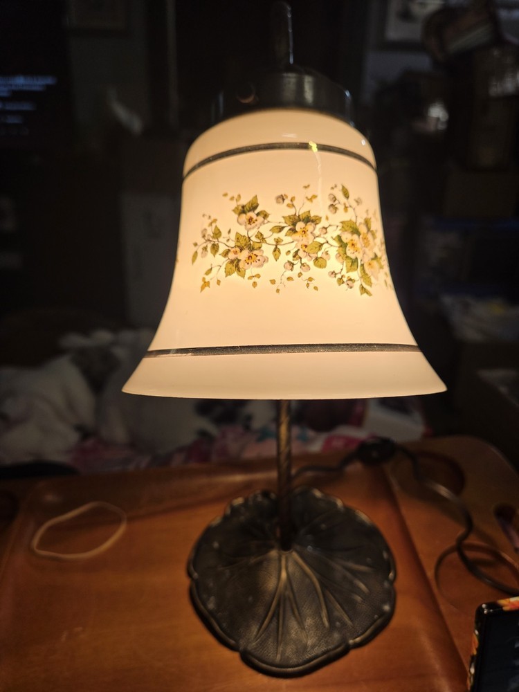 Vintage Gooseneck Table Lamp Lily Pad Base Milk Glass Floral Shade