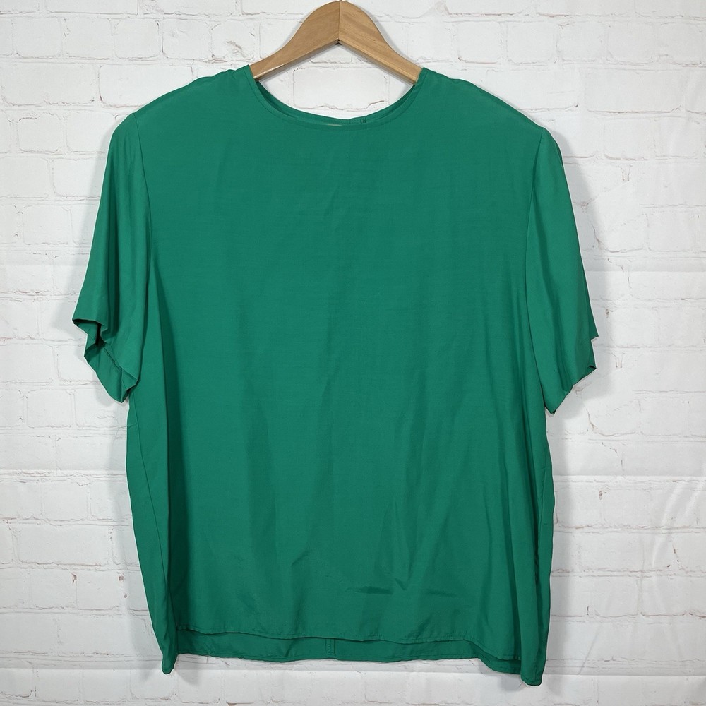 Vintage Talbots 80s Blouse Top Womens Size 16 Green Short Sleeve Shoulder Pads