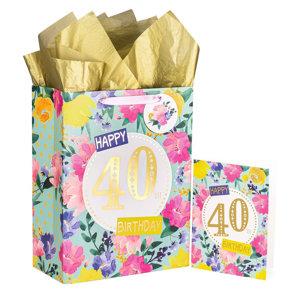 40th Birthday Floral Gift Bag Set with Card & Tissue – 13 Inch Large