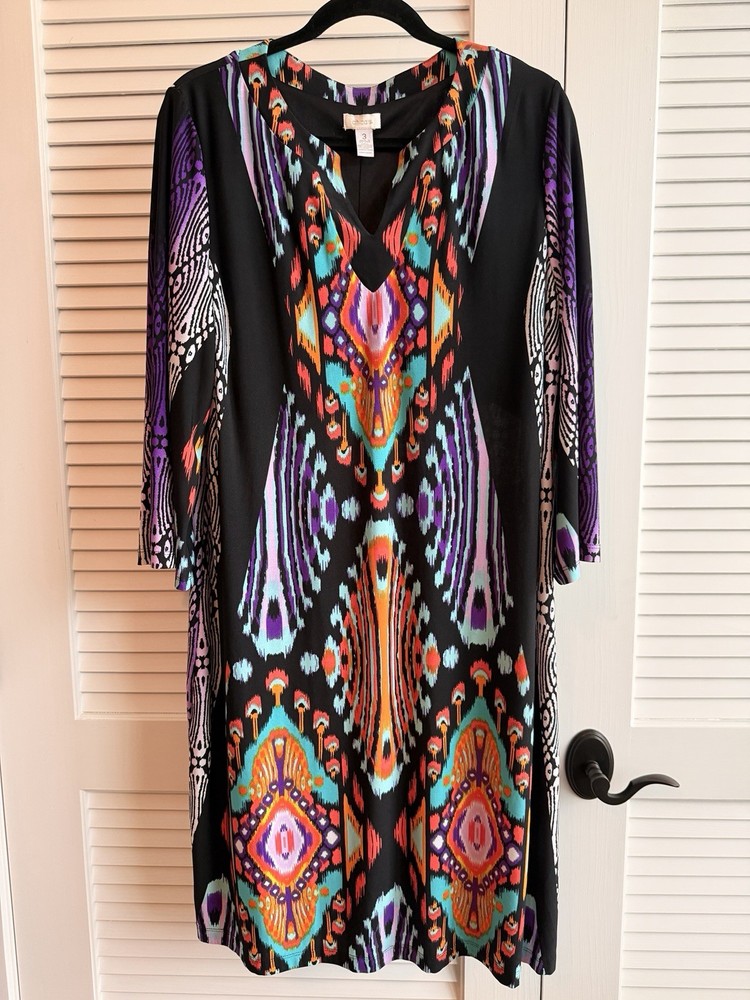 Chico’s Size 3 Ikat Tribal Print Midi Dress 3/4 Sleeve Stretch Boho Artsy