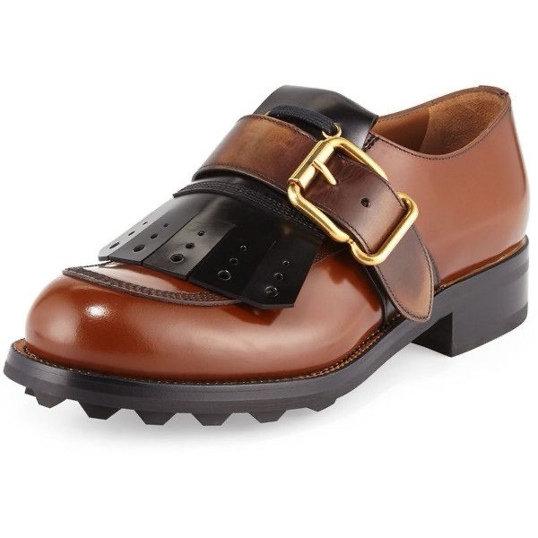 Prada Kiltie Fringe Leather derby Shoes 11 brown leather buckle Oxford Italy