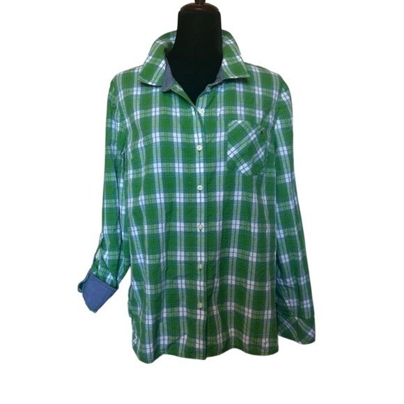 Vintage Tommy Hilfiger Women's Green Plaid Button Down Blouse Shirt Size Large