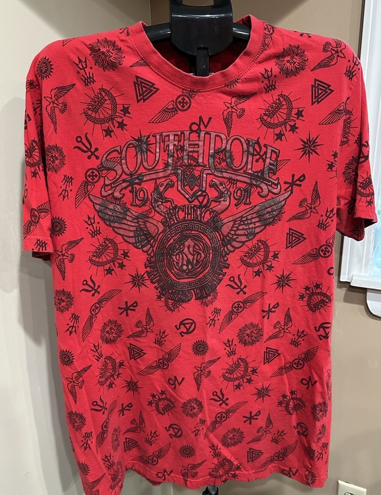 Men’s Vtg Southpole  2000s All Over Print Shirt Size XL Y2K Affliction  Red Read
