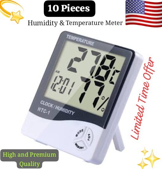 10 Piece Hygrometer Thermometer Temperature Humidity Meters HTC-1 W/Alarm Clock