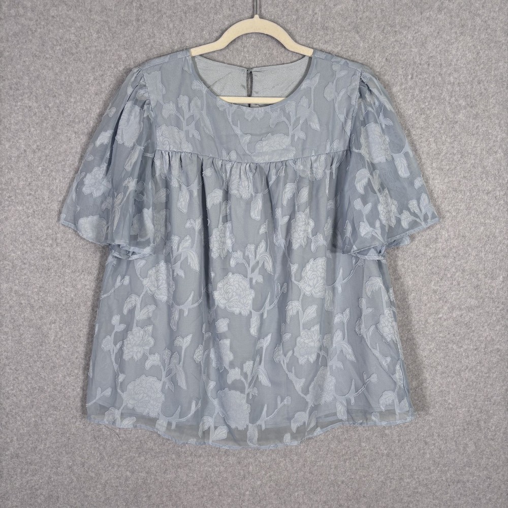 Sheer Burnout Blouse Large Blue Gray Textured Romantic Coquette Romantic Twee