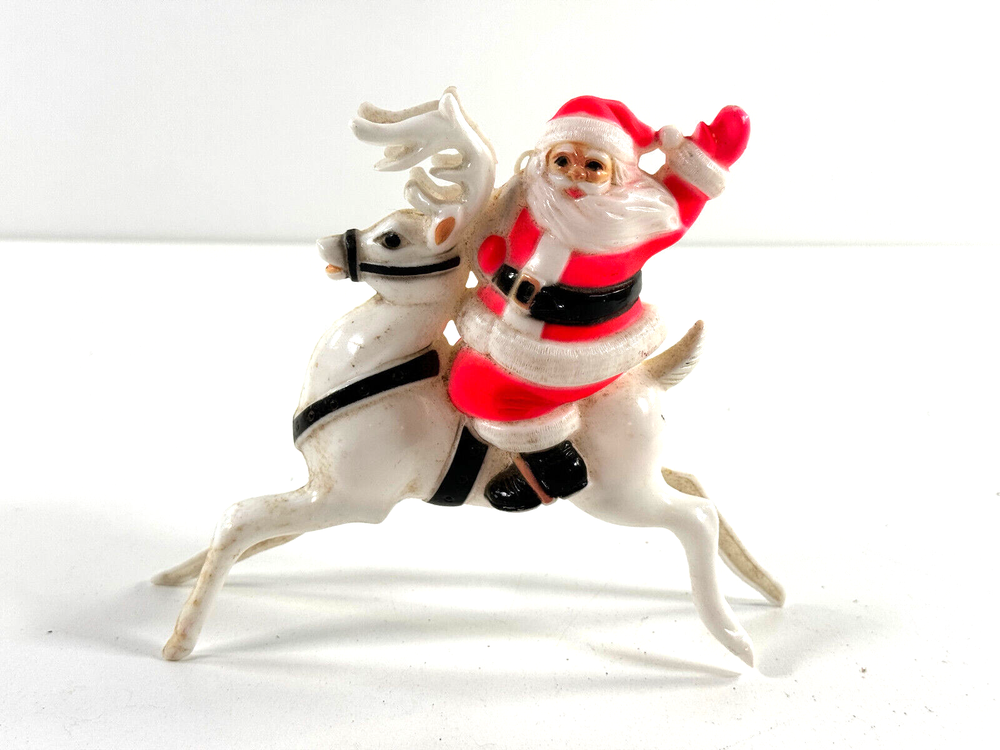 vtg Christmas Xmas 50s 60s Santa Claus on Reindeer hard plastic