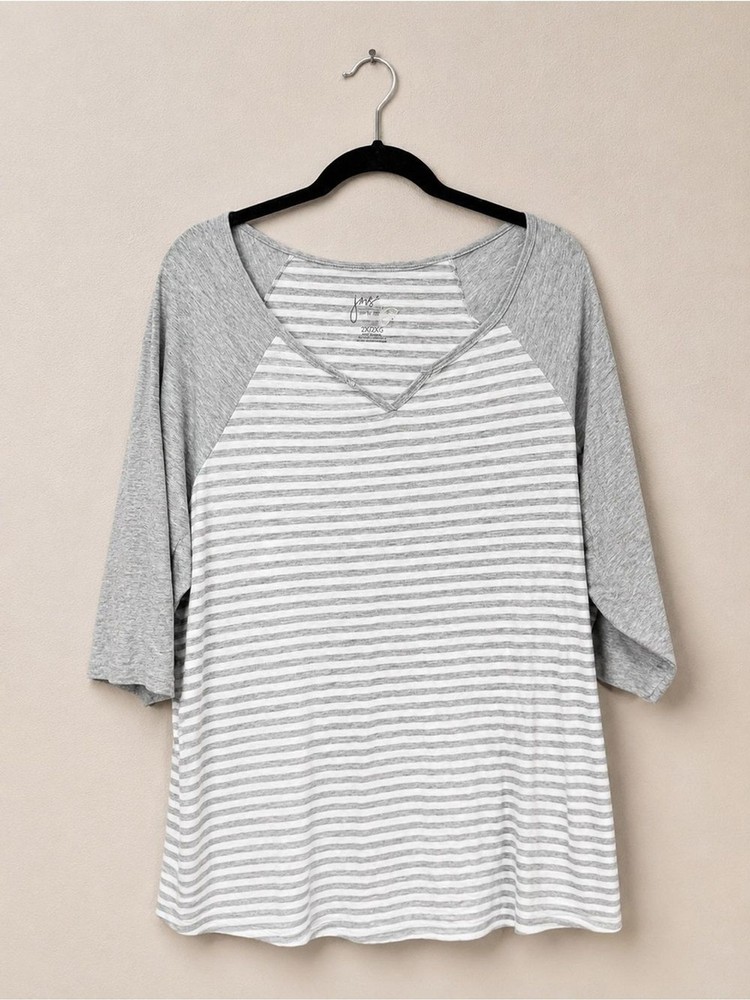 Just My Size Gray and White Striped Raglan V-Neck Long Sleeve Top