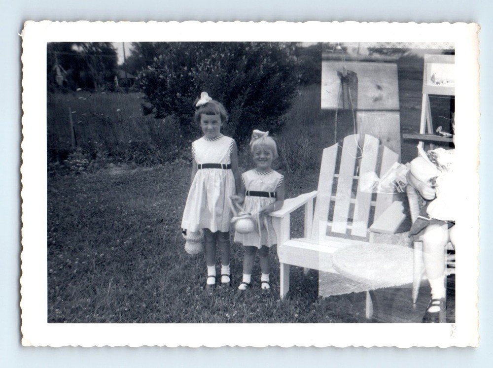 Old Vintage Photo ABSTRACT GHOST DOUBLE EXPOSURE SURREAL PAIR GIRLS IN YARD