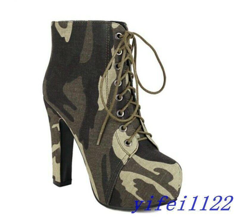 Womens Camo Pattern Lace Up  Block Heels Platform Ankle Boots Casual Work Shoes