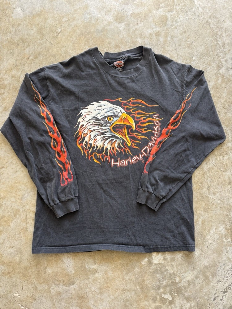 90s Vintage Harley Davidson Eagle Flames Long Sleeve Shirt Large USA Made