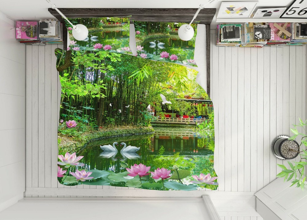 3D Swan Lotus ZHUA30 Bed Pillowcases Quilt Duvet Cover Set Queen King Zoe