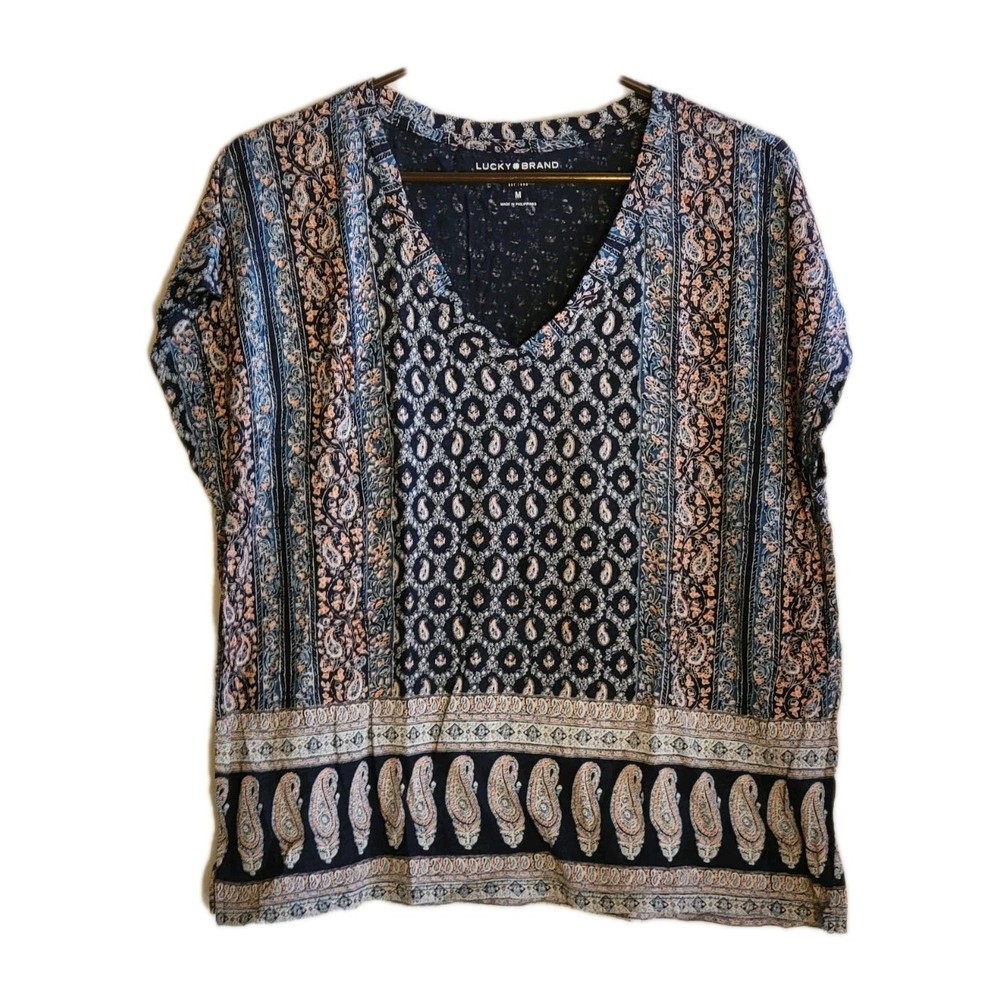 Lucky Brand Blouse Navy Blue Geo  Boho Paisley Print Short Sleeve Top Women's M
