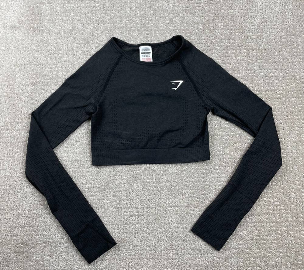 Gymshark Shirt Womens XS Black Long Sleeve Crop Top Training Workout Gym Stretch
