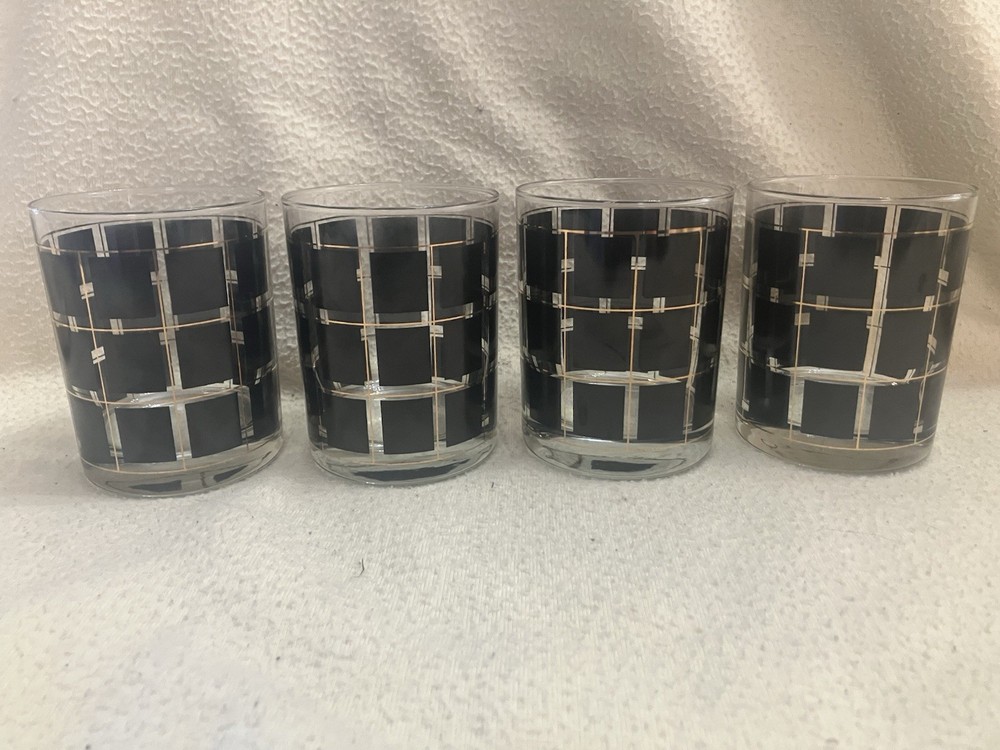 Set of 4 - MCM Black & Gold Old Fashion Glasses, c. 1960s