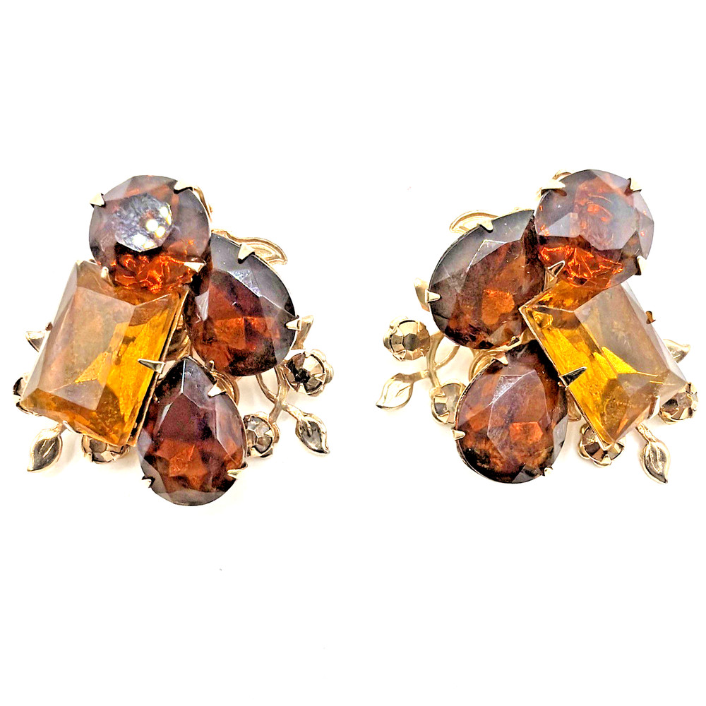 Vintage Celebrity Rhinestone Earrings Amber Brown Glass Clip On