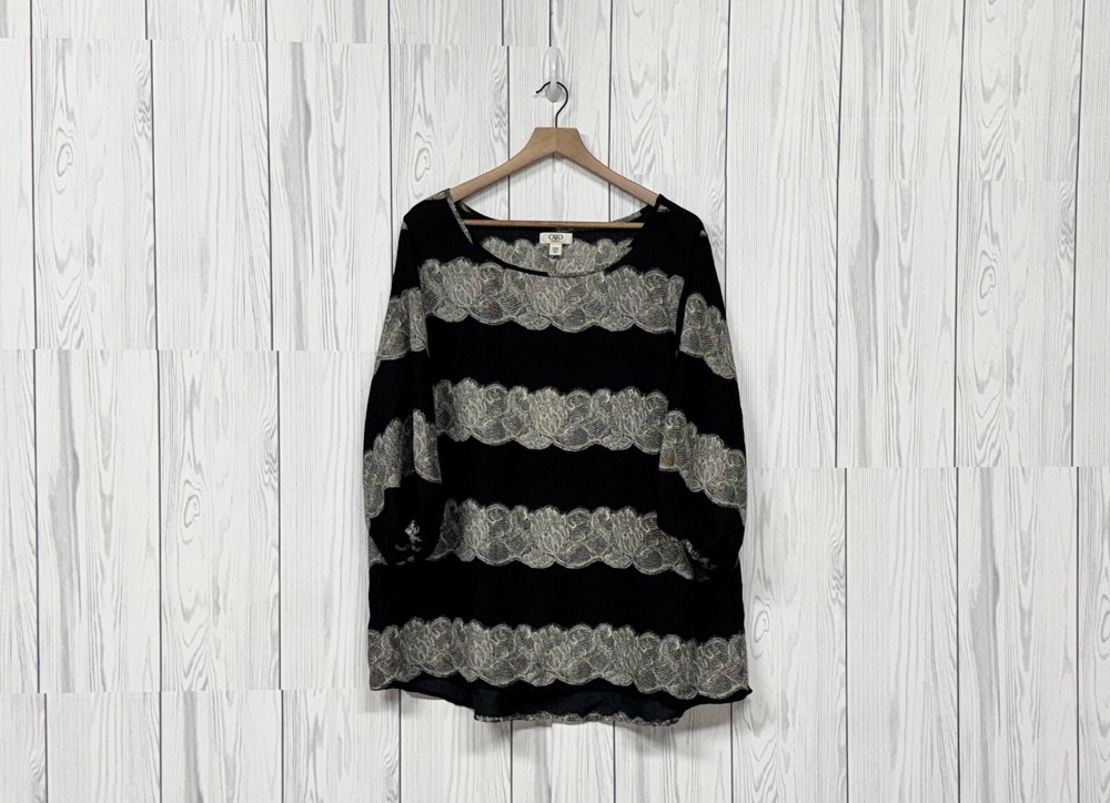 Cato blouse womens size 18/20w long sleeve black patterned top lace