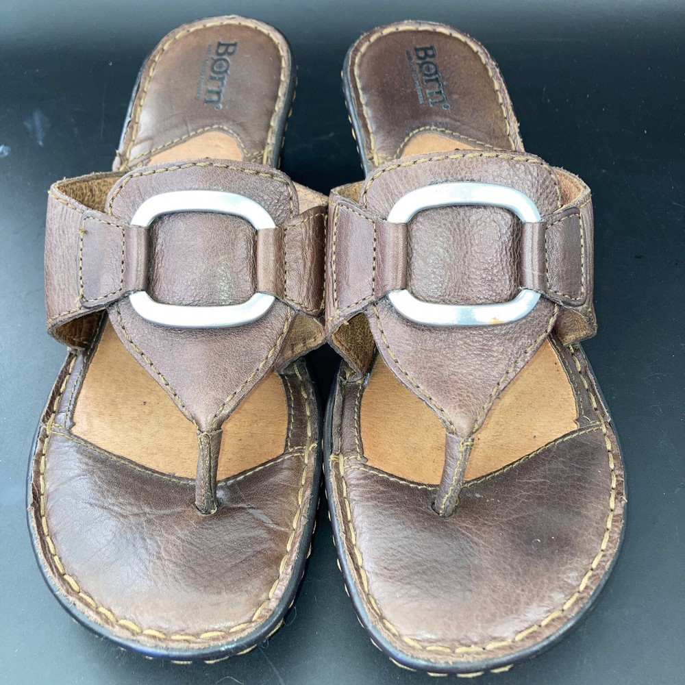 Born Women Brown Leather Strappy Slip On Wedge Heels Sandals Sz 9 Comfy vtg