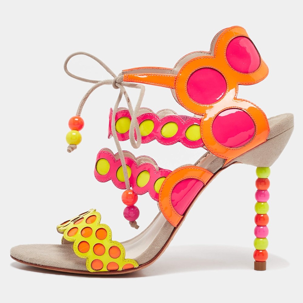 Sophia Webster Multicolor Round Cut Out Patent Leather Beaded Heel Sandals Size