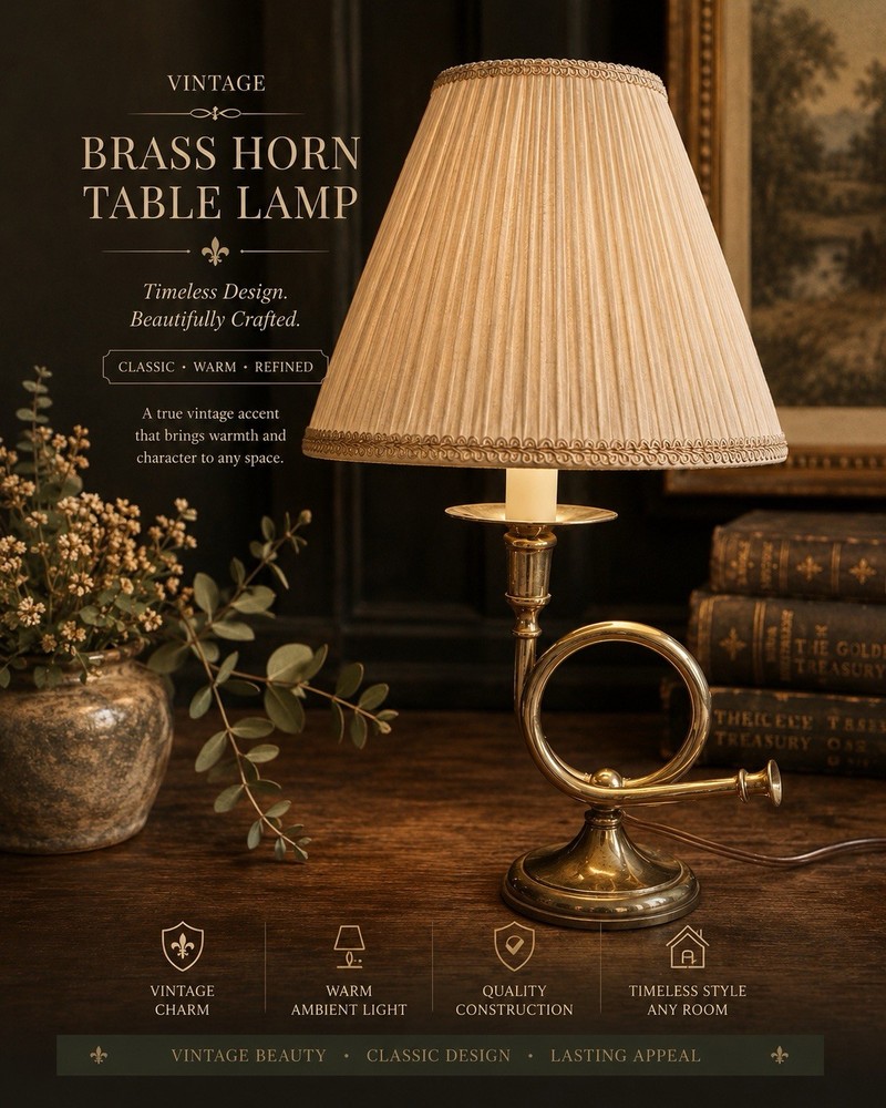 Vintage Brass Trumpet Bugle Table Lamp Pleated Shade Music Decor Working