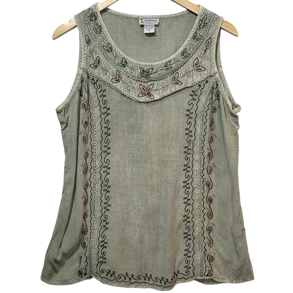 Just Cruising Womens Sage Green Embroidered Rayon Tank Top Smocked Back OSFM