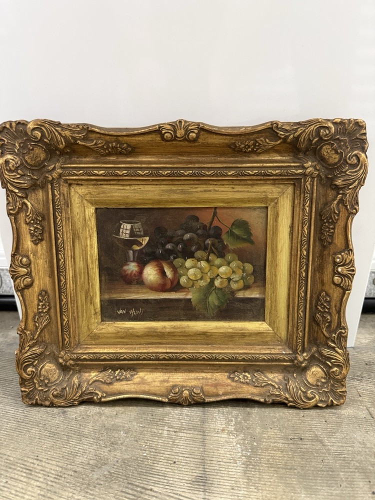 Van Sint Still Life Fruit Wine Oil Painting on Canvas Framed Signed Small Art