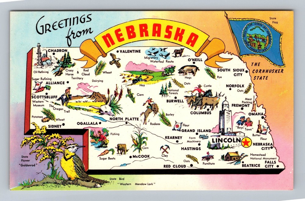 NE-Nebraska General Map Landmark Greetings Vintage Postcard Standard Souvenir