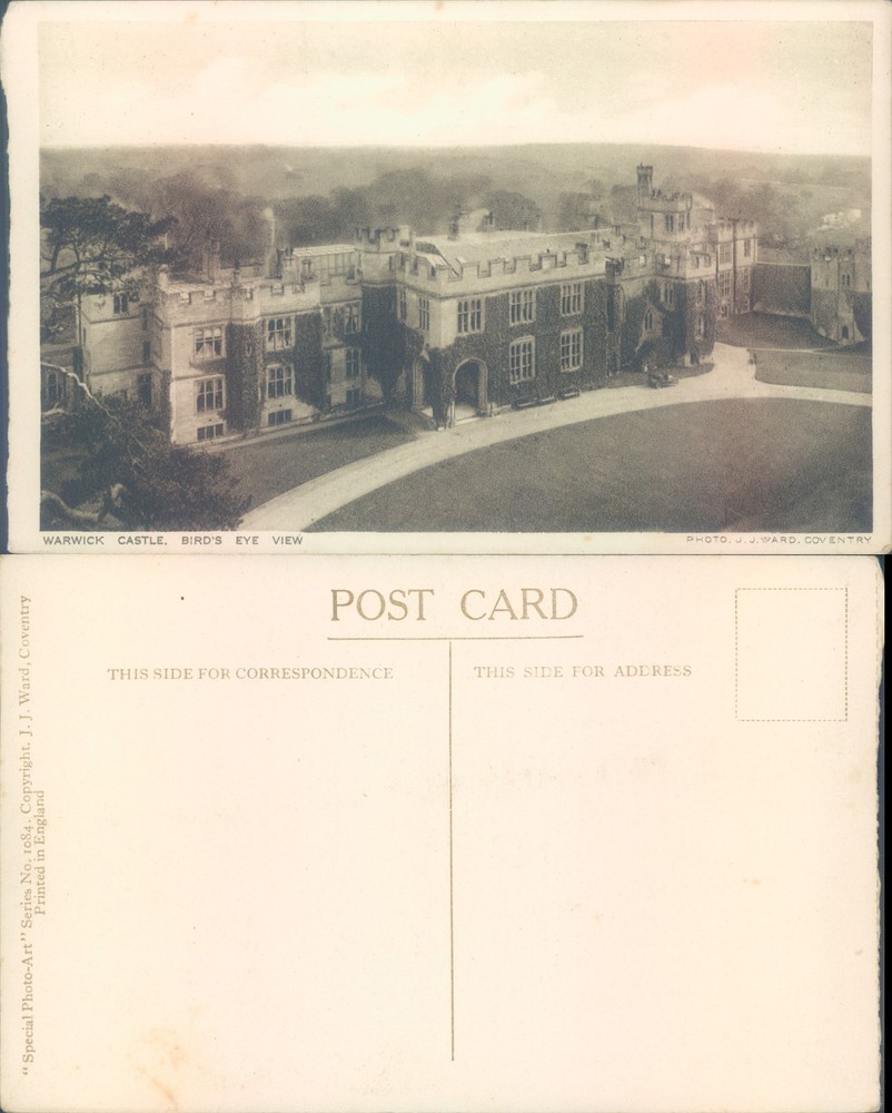 Warwick Castle bird's eye view JJ Ward Architecture Historical Places Real Photo