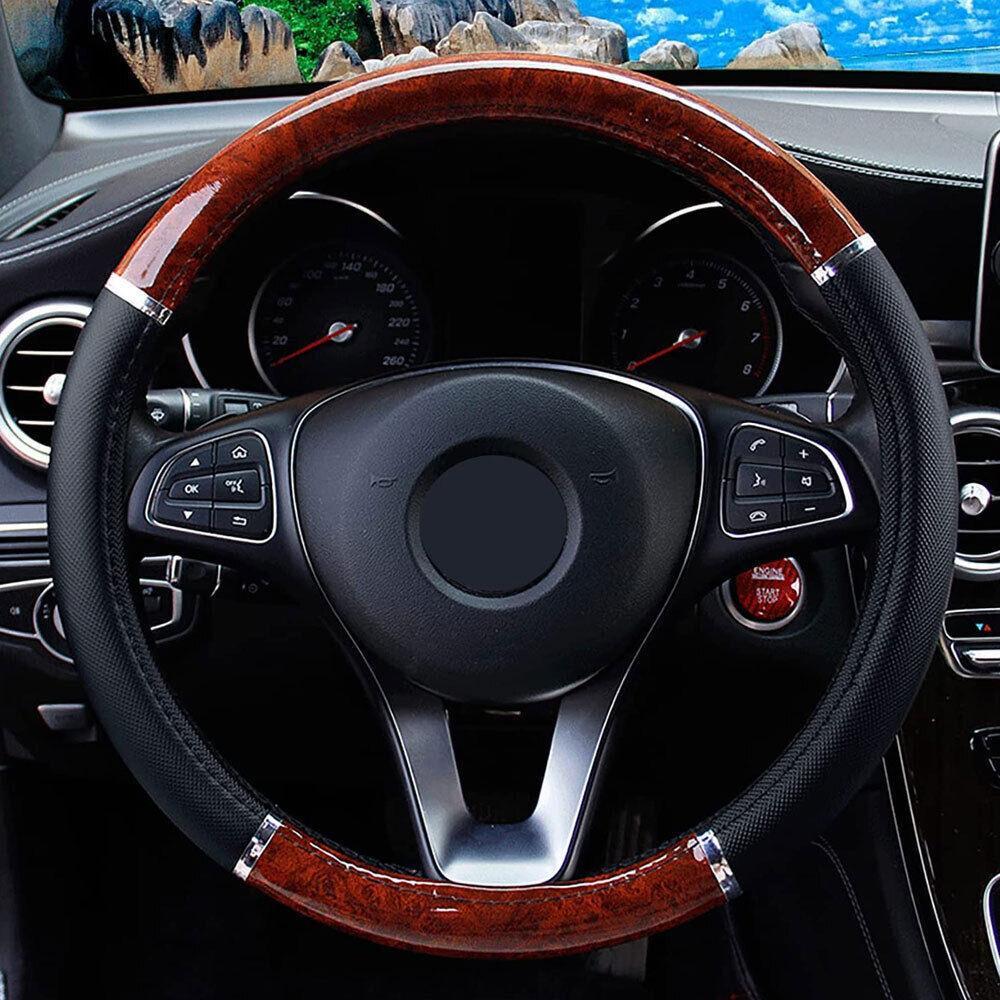 Car Steering Wheel Cover Wood Grain For Good Grip Black Syn Leather Accessories