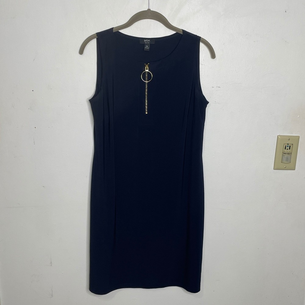 MSK Petite Navy Blue Sleeveless O-Ring Zip Front Sheath Dress PM