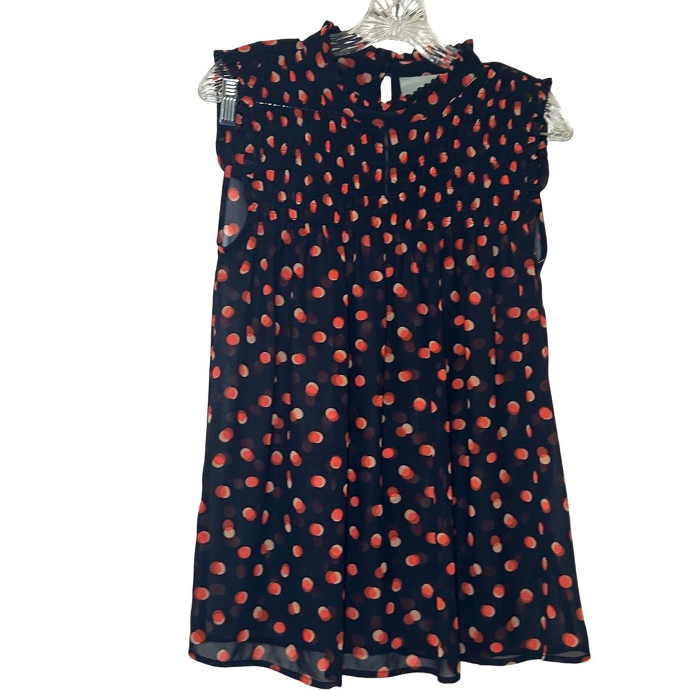 Maeve Anthropologie Navy Orange Polka Dot Smocked High Neck Blouse Top Size 14