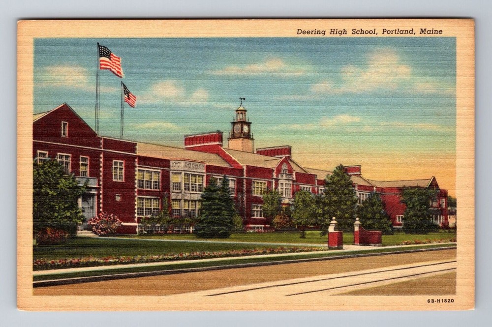 Portland ME-Maine, Panoramic View Deering High School, Vintage Postcard