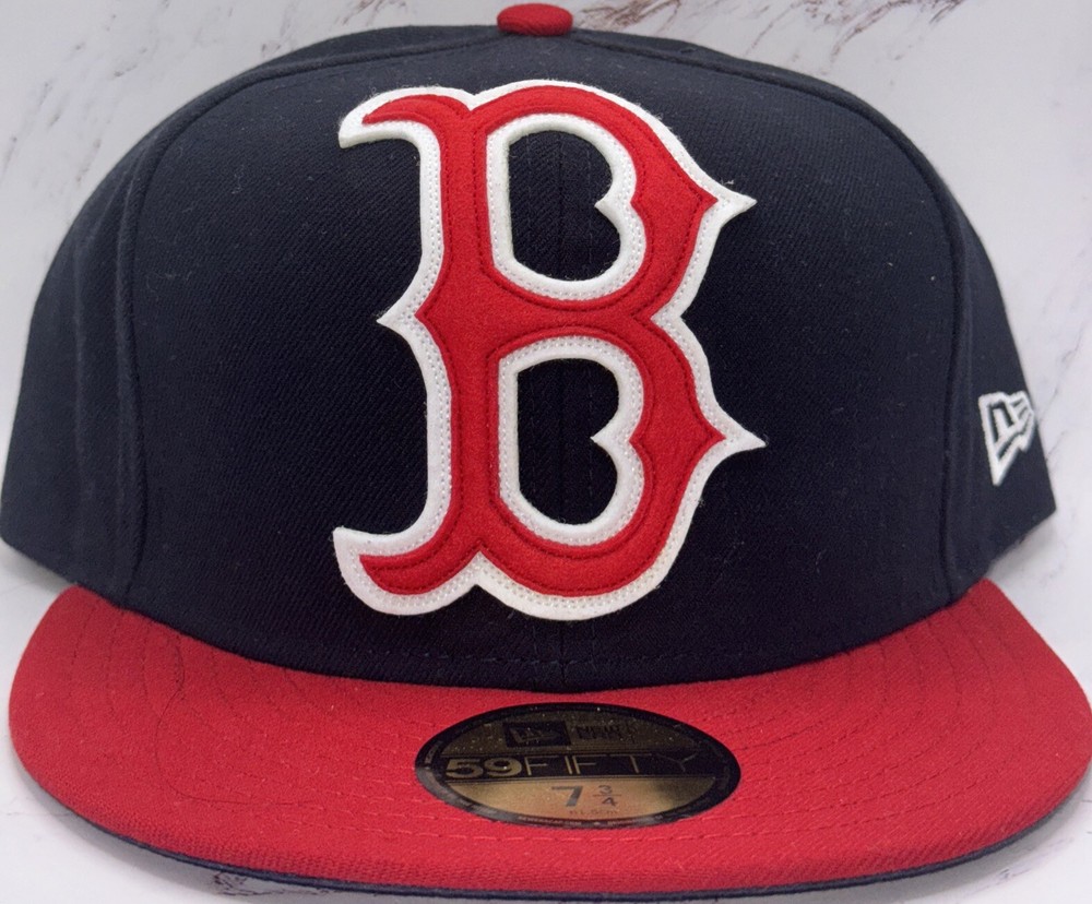 New Era 59Fifty Boston Red Sox Big Logo Navy Blue With Red Brim Fitted Hat 7 3/4