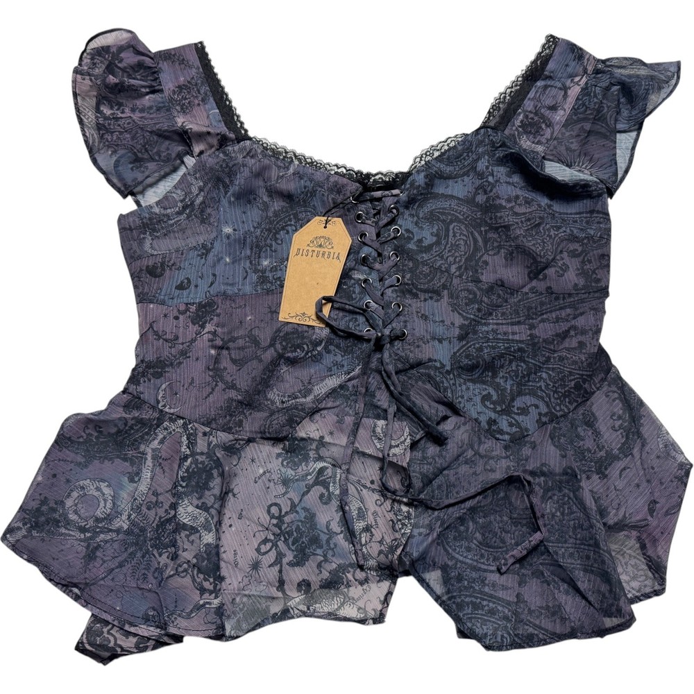 Disturbia Gaia Celestial Print Lace Up Blouse Women's US 8 Black NWT