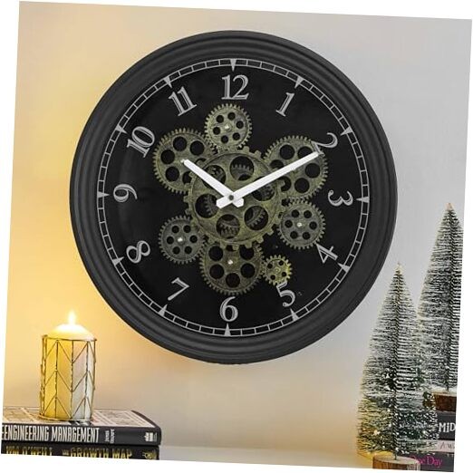 Real Moving Gear Wall Clock, Vintage Industrial Steampunk 15 Inch Matte Black