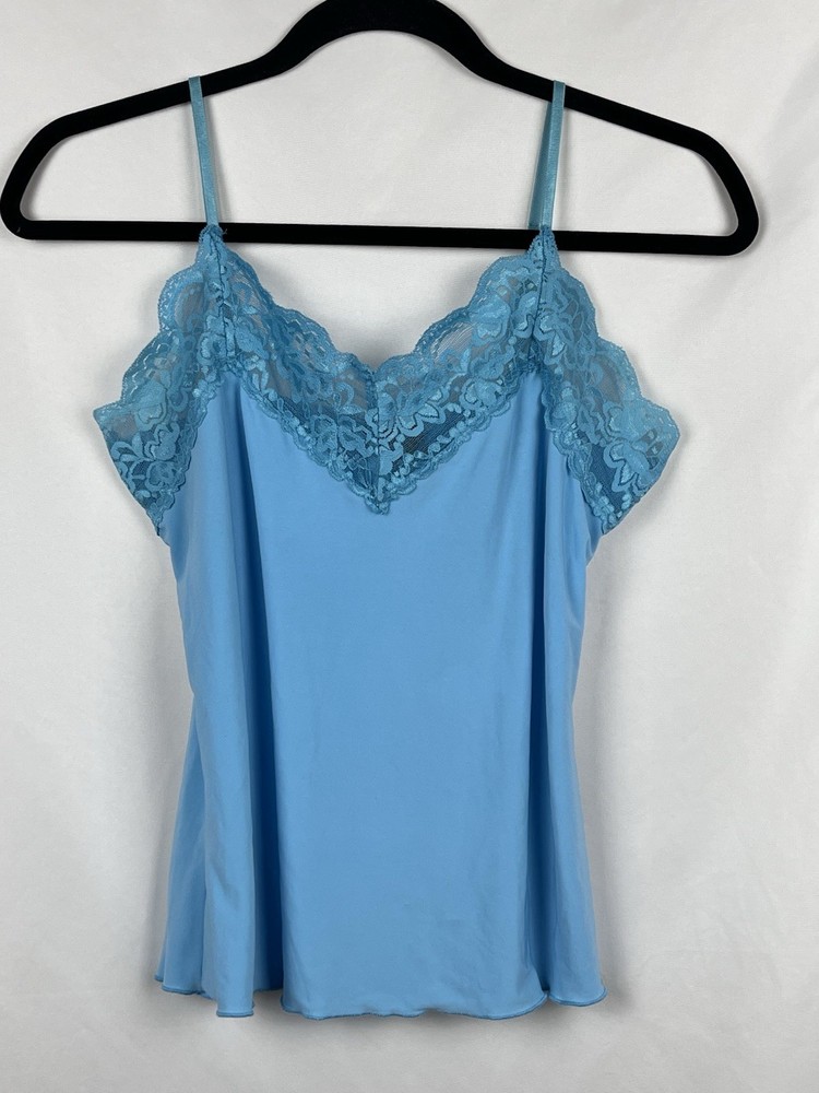 VTG 90s Y2K Blue Lace Trim Camisole Tank Top Size Medium USA Ethereal Fairycore