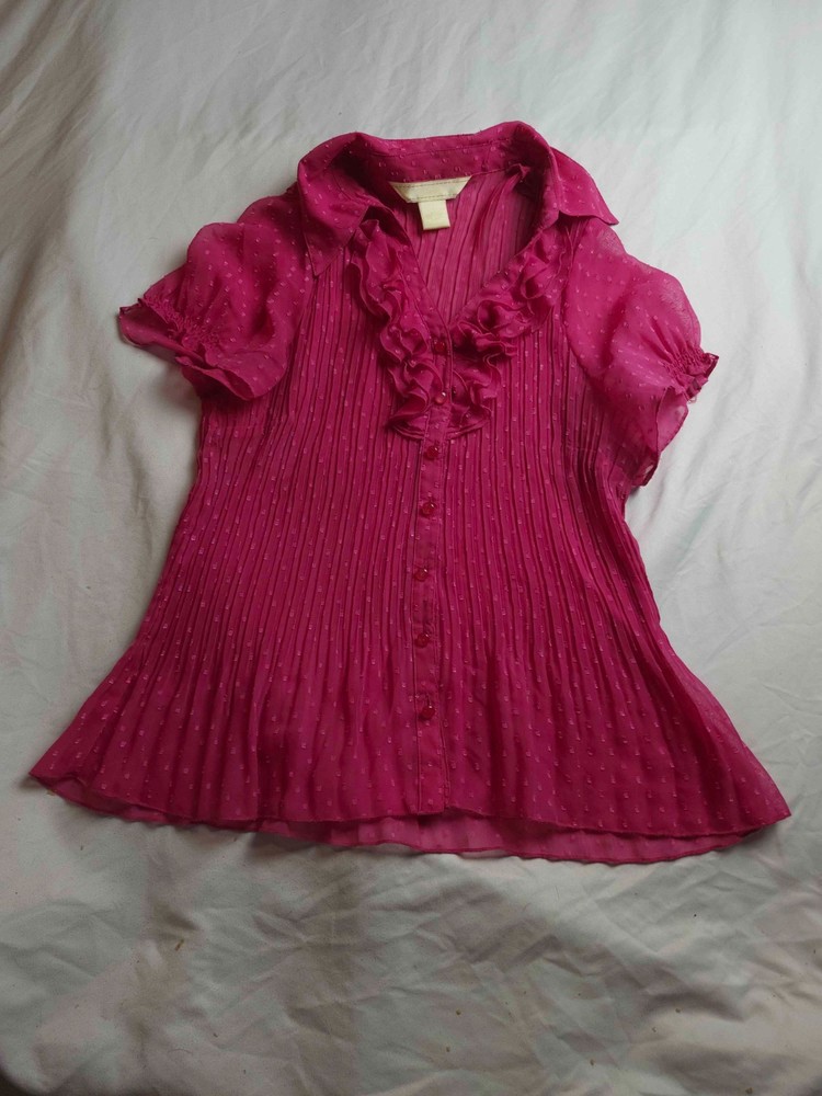 Vtg Y2K Blouse Womens M Pink Ruffle Pleated Swiss Dot Coquette Soft Girl Summer