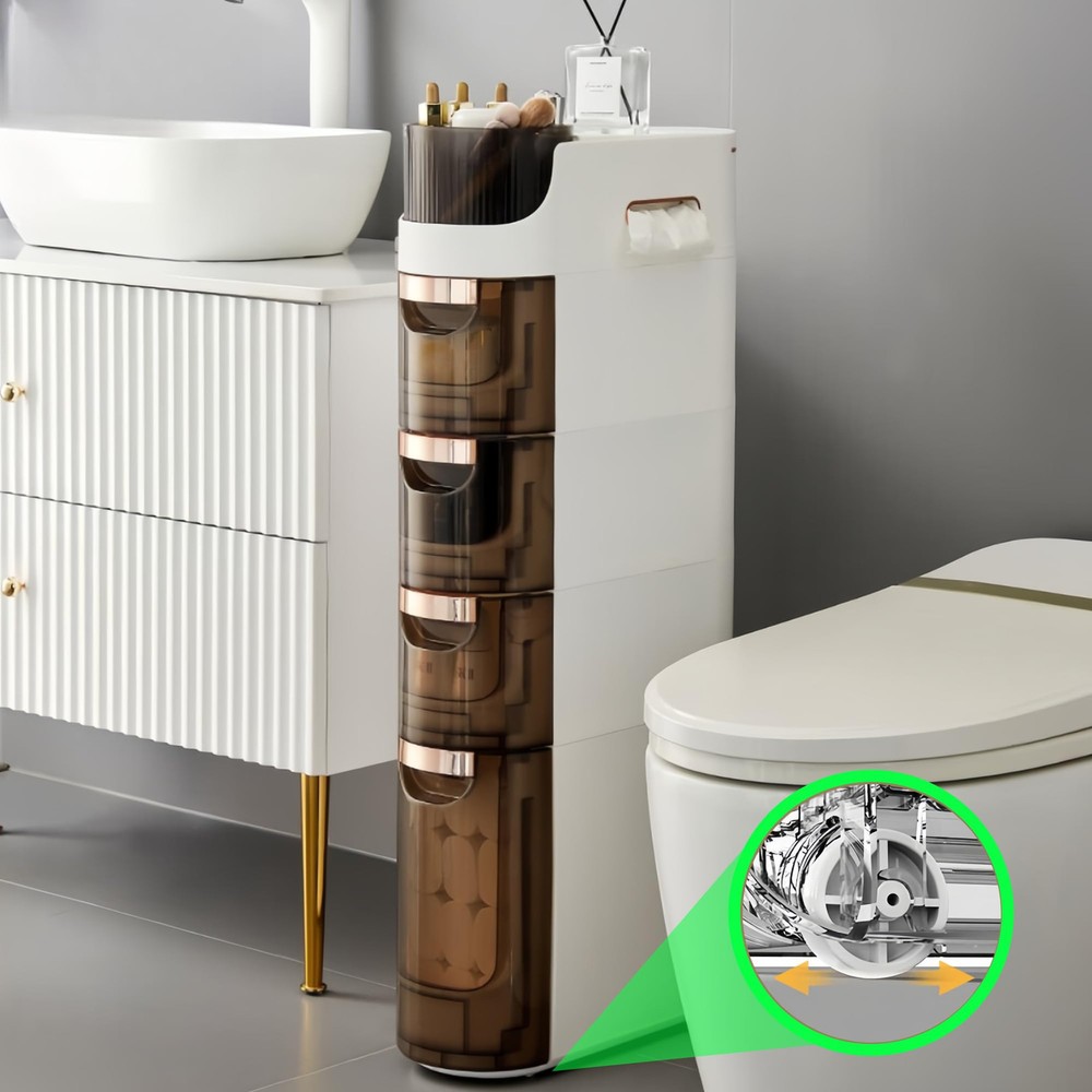 4-Tiers Slim Bathroom Storage Cabinet, Waterproof Narrow Storage Cabinet, Bat...