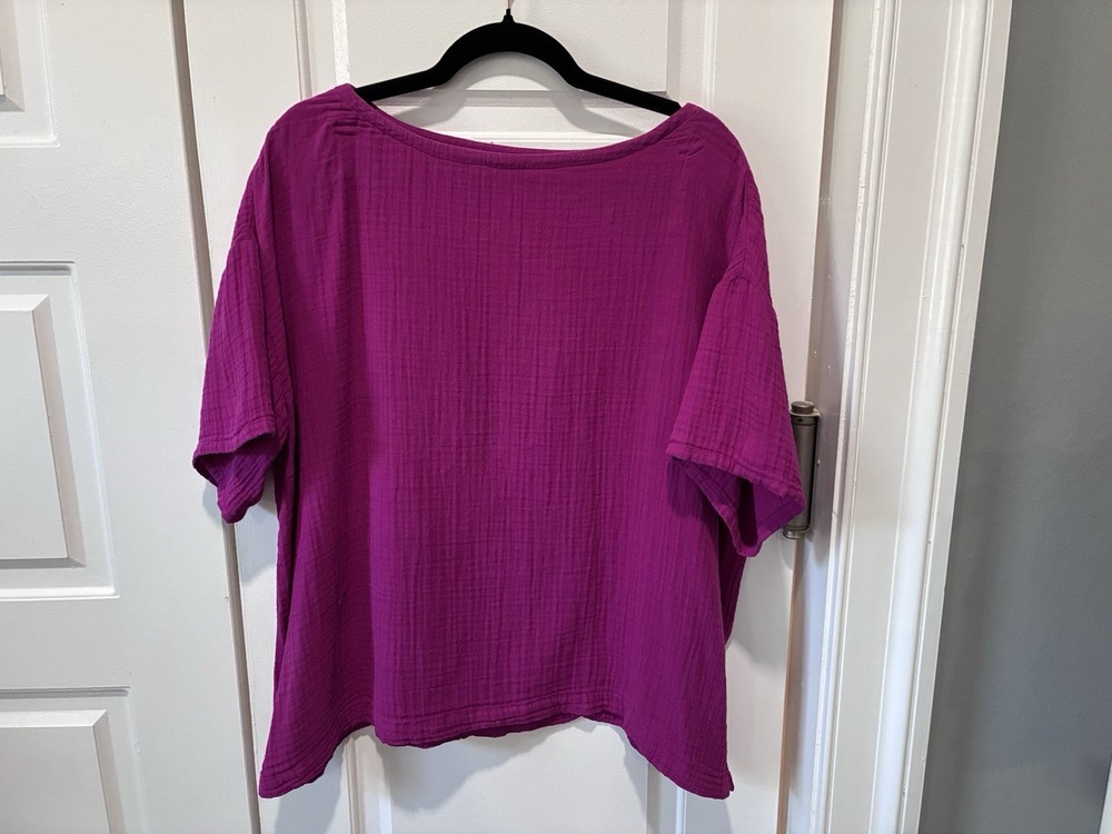 EILEEN FISHER Top XL Organic Cotton Crinkle Gauze Short Sleeve Bright Pink