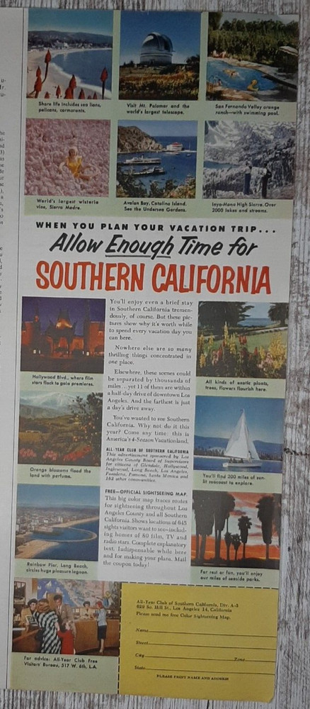 1954 Southern California Vintage Print Ad All Year Club Tourism Shore Mountains