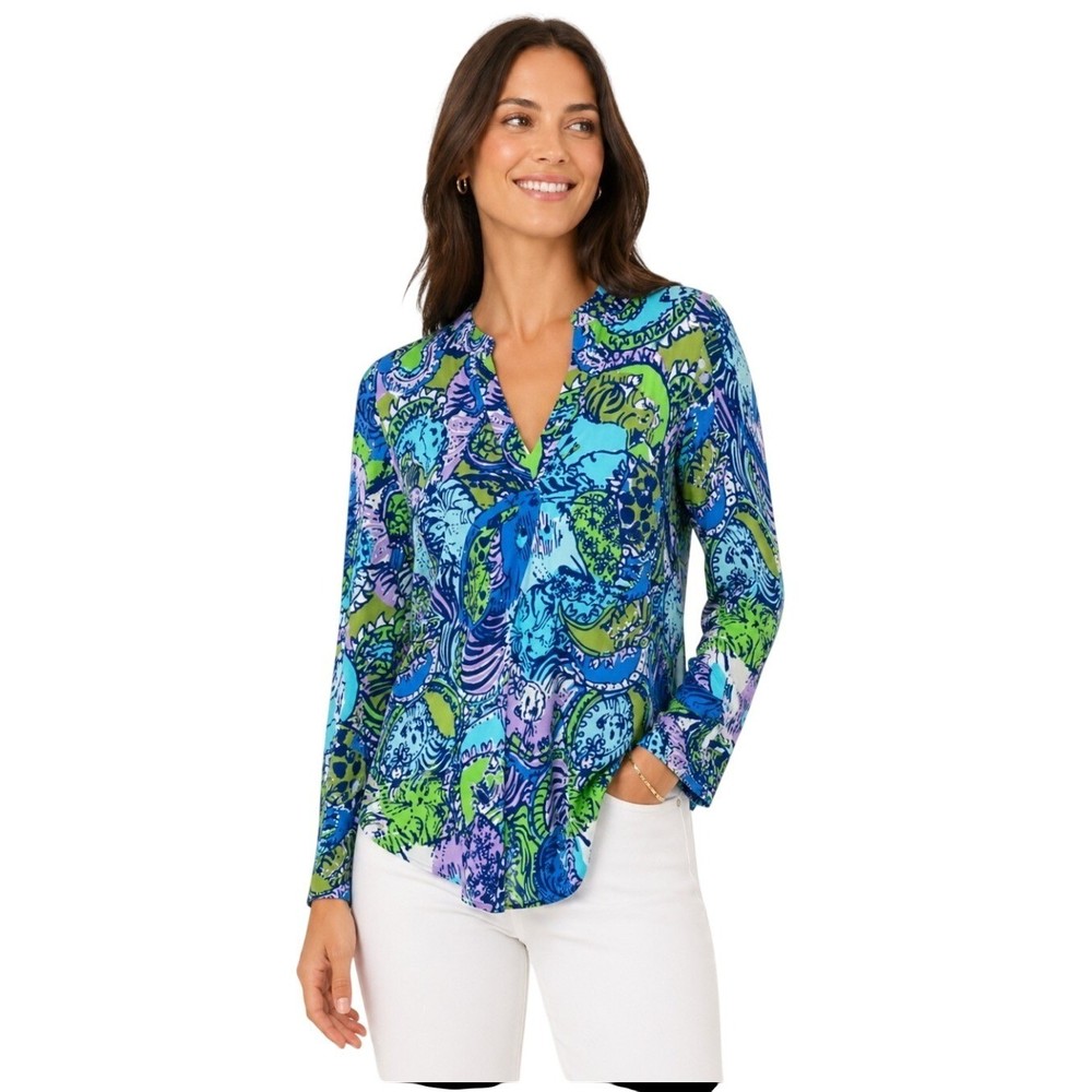 Lilly Pulitzer Odette Tunic Sweatshirt M Blue Cattitude French Terry Long Sleeve