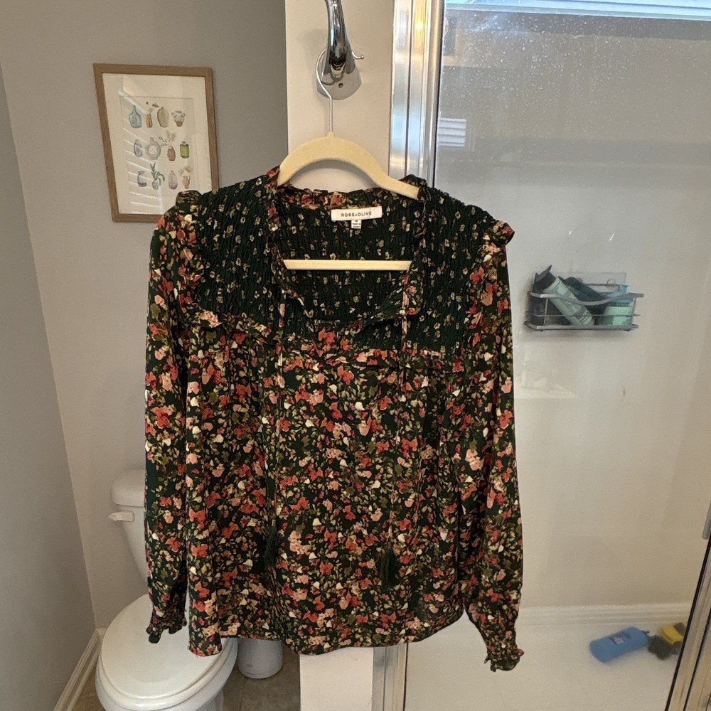 Rose + Olive Green/Pink Floral V-Neck Tassel Tie Smocked Ruffle Blouse M