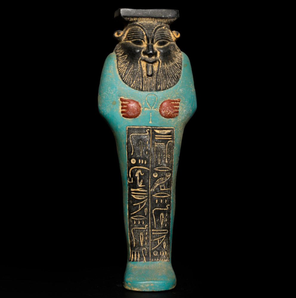 Ancient Egyptian Antiques Bes God Blue Faience Statue Hieroglyphic Figure BC