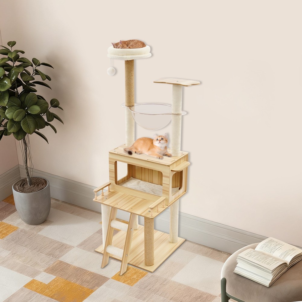 Cat Tree Cat Scratching Climbing Tower With Climbing Steps & Swing Ball 147cm