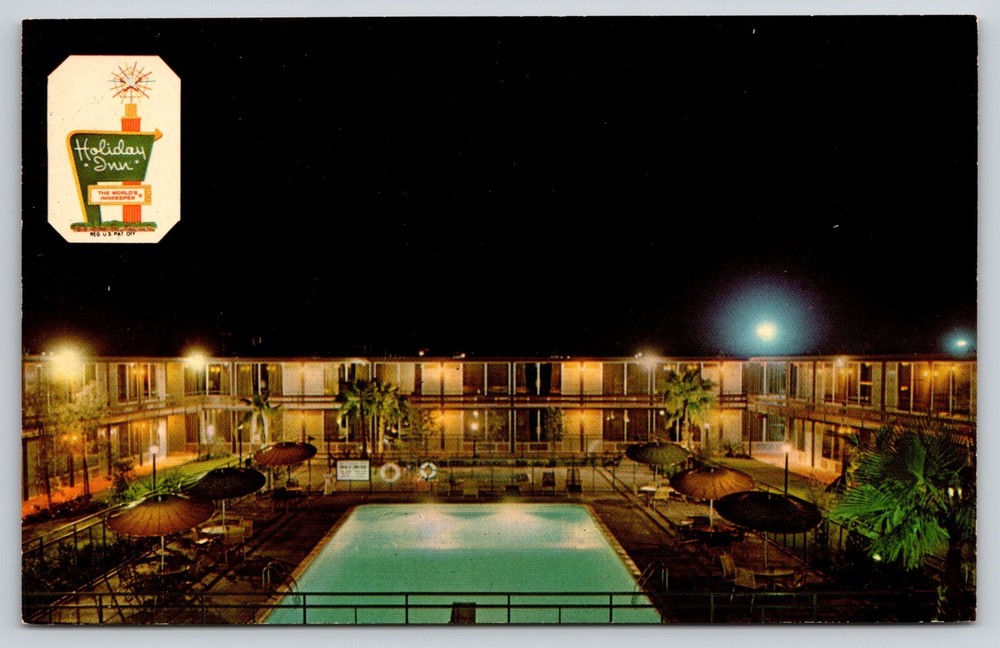 Holiday Inn Airport Phoenix Arizona Postcard UNP Night View Pool
