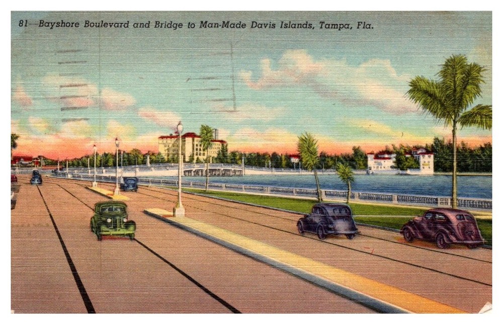 1954 Bayshore Boulevard Bridge To Davis Islands Tampa Florida Vintage Postcard
