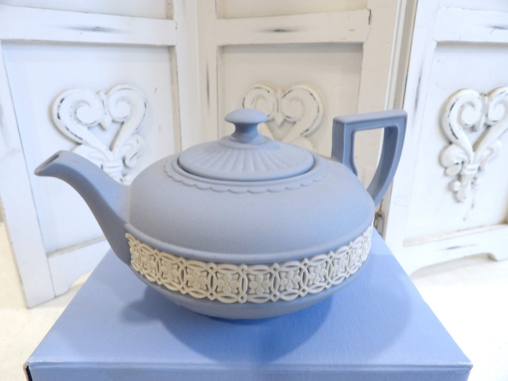 Mint in Box~Wedgwood Jasperware Blue and White Miniature Teapot