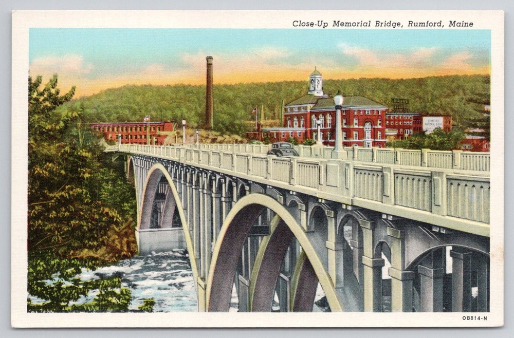 Vintage Linen Postcard Memorial Bridge Rumford Maine Curteich C.T. American Art