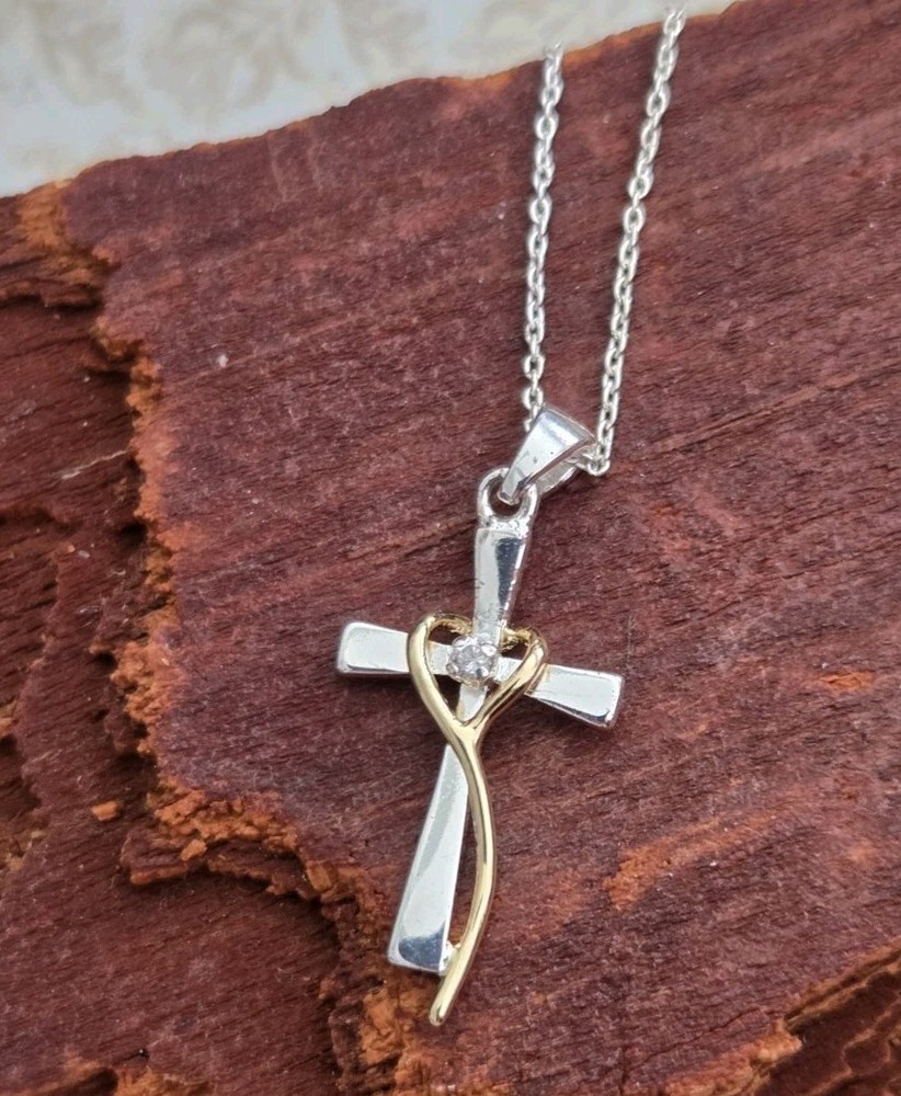 Vintage Crucifix Heart Pendant On Sterling Silver 16